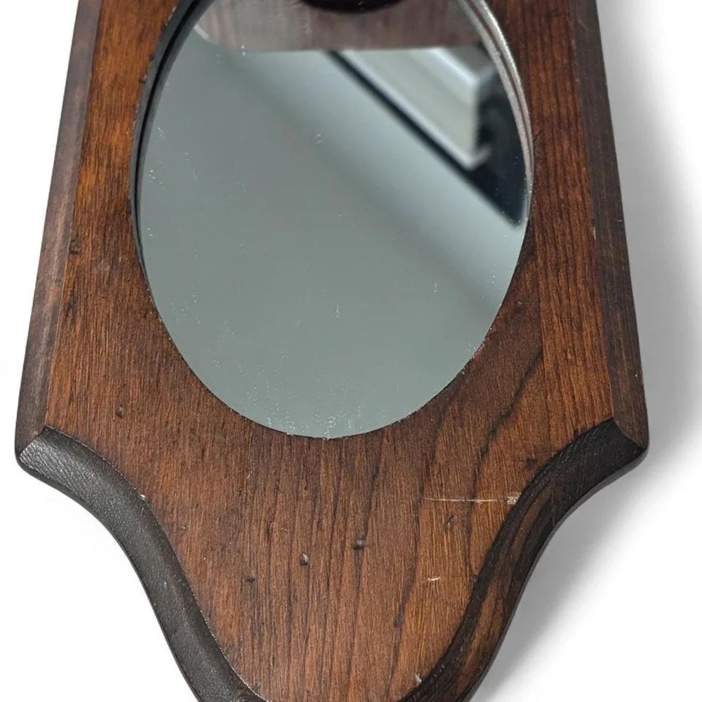 Vintage Solid Oak Wall Shaving Mirror Shelf Soap Mug Holder Farmhouse Rustic